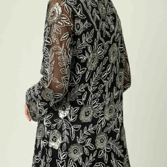 Vintage 80s Stenay B&W Silk Sequin Beaded Midi Dress Asymmetrical Hem Size 10 - Picture 4 of 10